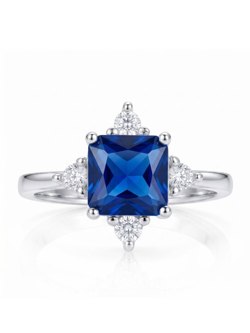 Blue Sapphire ring with square-cut centre stone - 925 Sterling Silver